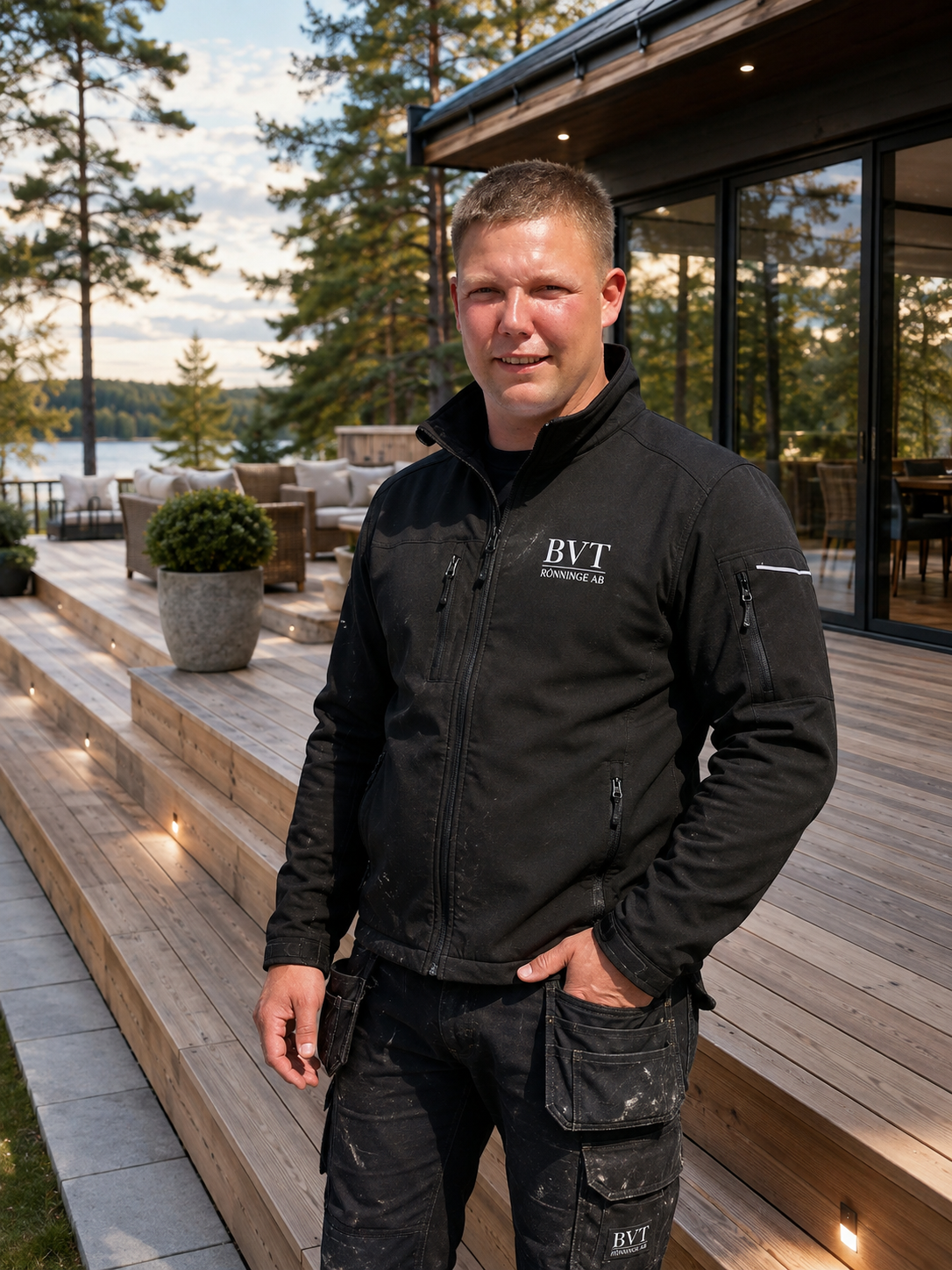 VD Sebastian Grönfors, Bvt Rönninge AB, på en färdig altan i Rönninge