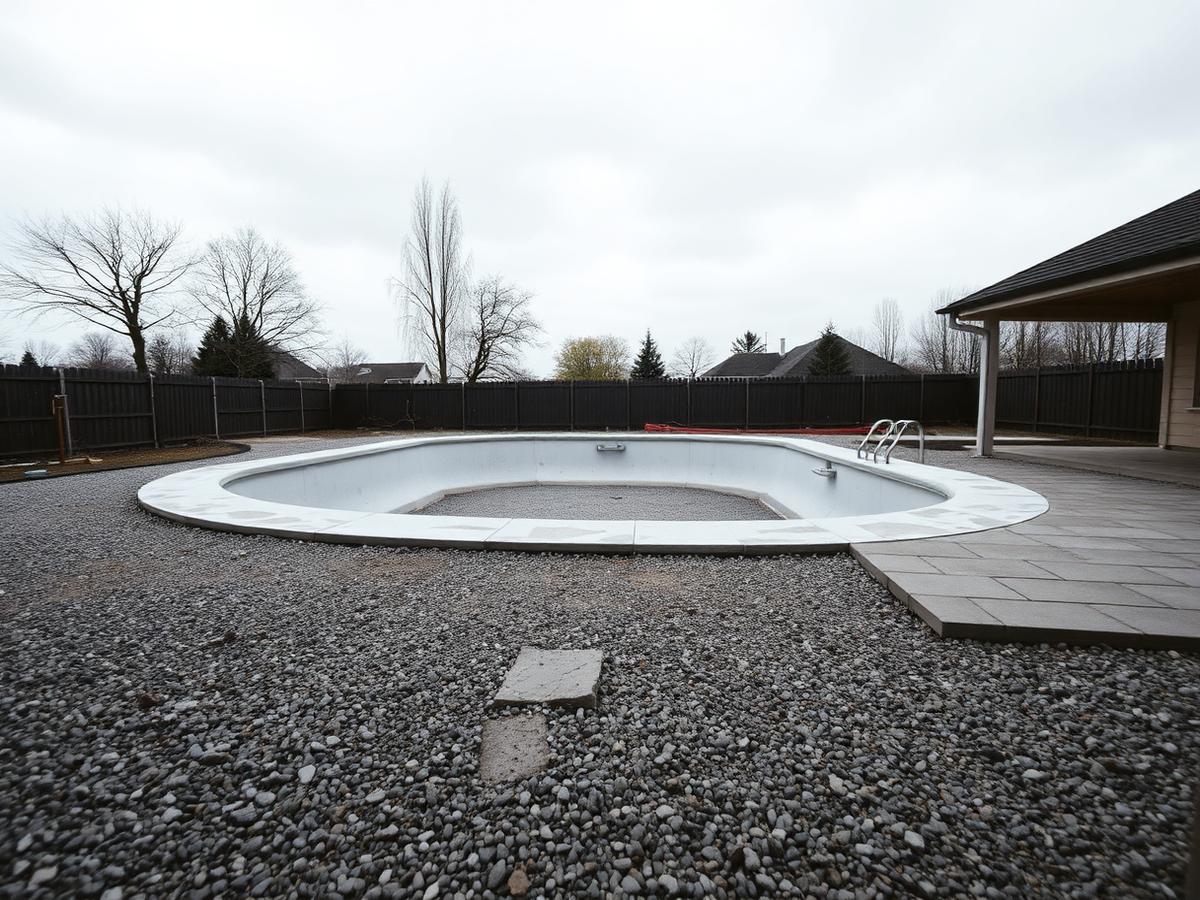 Bar poolkant med grus och gammal sten innan altanen byggdes