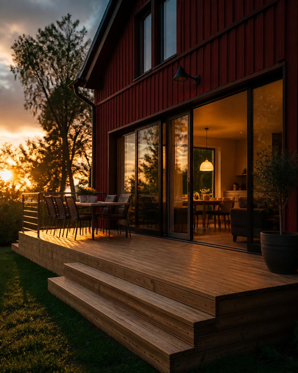 Påbyggd träaltan ansluten till en röd svensk villa med glasdörrar