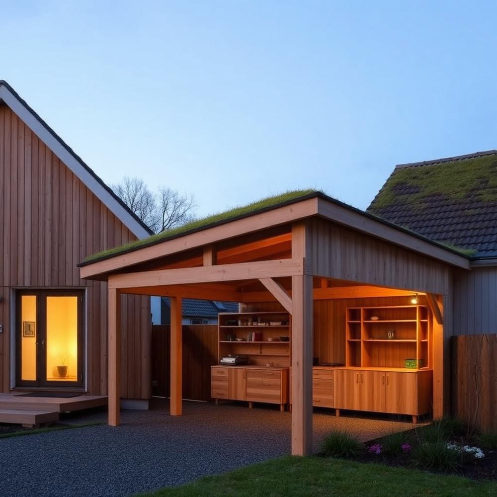 Modern minimalistisk carport i trä med sedumtak