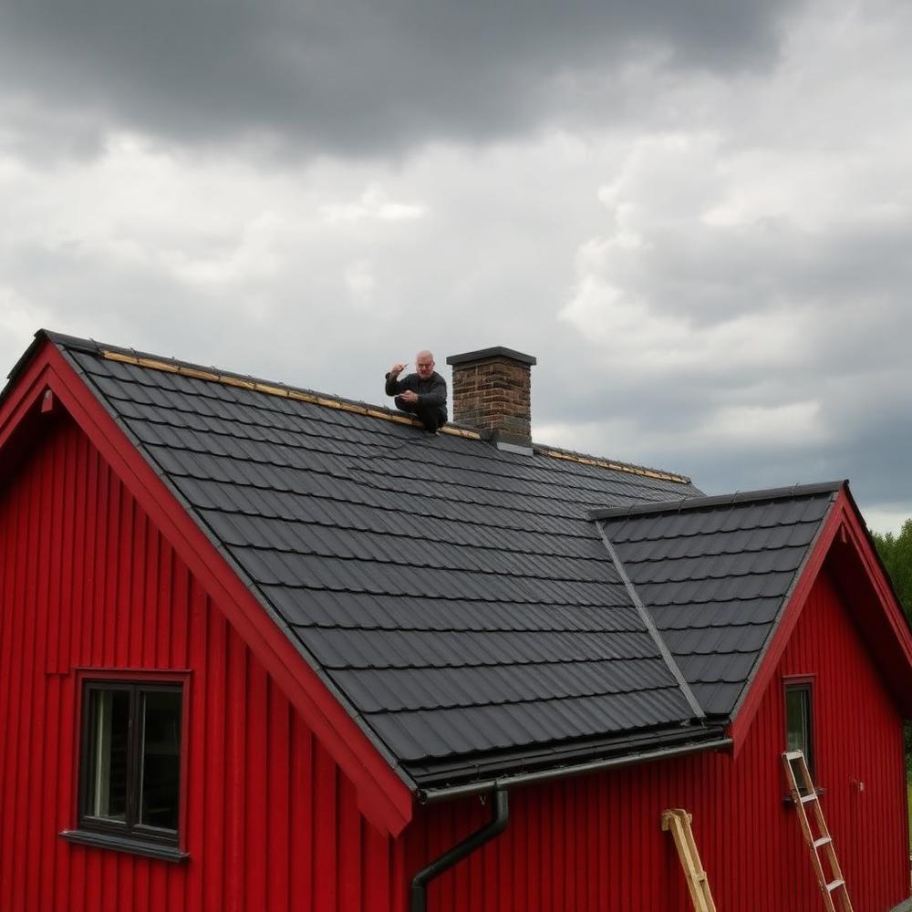 Takrenovering med nytt mörkt lertegel på en röd svensk villa