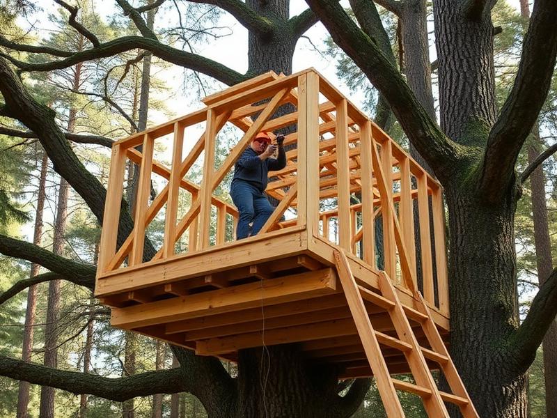 Wooden platform frame taking shape high in a tree